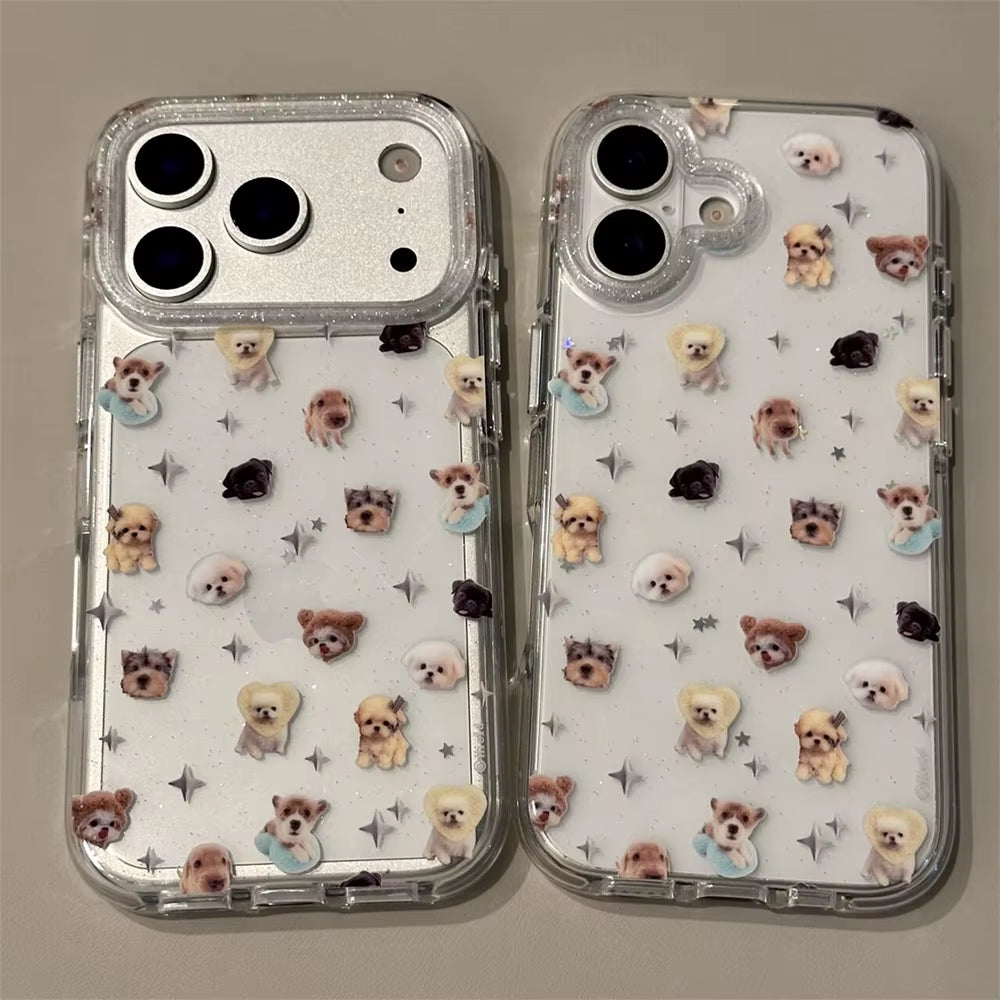 Cute Puppy Cartoon Kitten Glitter Shiny Stars Transparent Cover for Iphone 16 17Pro 13 14 15 17Promax Protector Shockproof Case