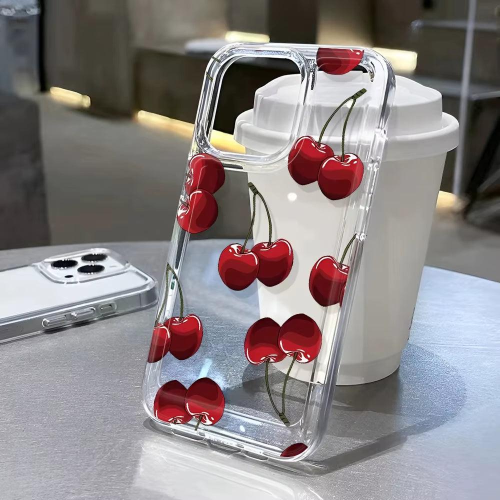 Red Cherry Transparent Phone Case for Iphone 17 16 15 14 13 12 11 Pro Max 17 Air Personality Shockproof Phone Case Cover