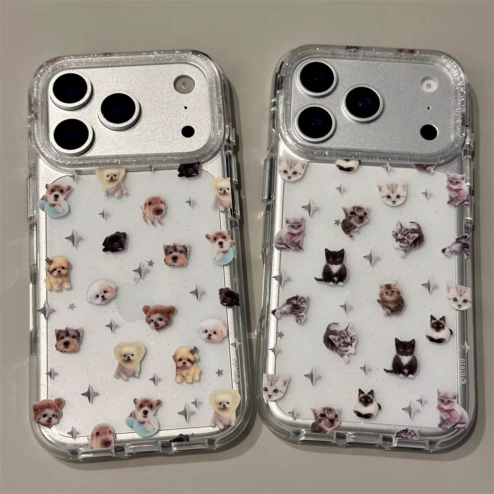 Cute Puppy Cartoon Kitten Glitter Shiny Stars Transparent Cover for Iphone 16 17Pro 13 14 15 17Promax Protector Shockproof Case