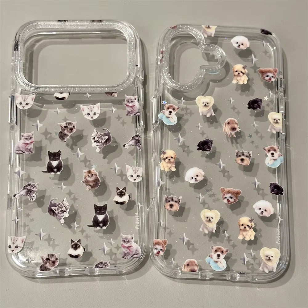 Cute Puppy Cartoon Kitten Glitter Shiny Stars Transparent Cover for Iphone 16 17Pro 13 14 15 17Promax Protector Shockproof Case