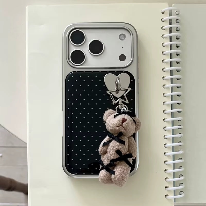 Korean Black Polka Dots Plating Phone Case for Iphone 17 Pro 16 15 14 Pro Max Cover with Cute Bear Pendant Cartoon Cases for Gir