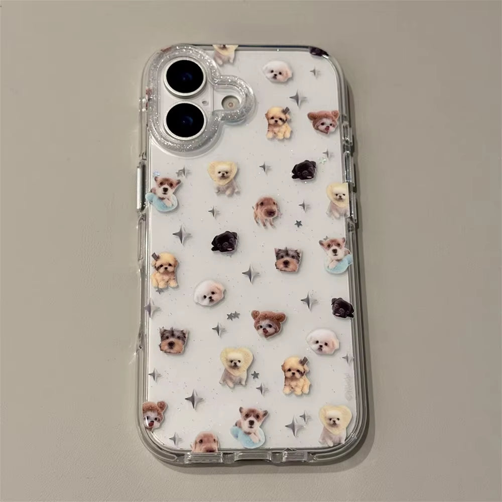 Cute Puppy Cartoon Kitten Glitter Shiny Stars Transparent Cover for Iphone 16 17Pro 13 14 15 17Promax Protector Shockproof Case