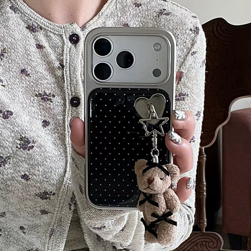 Korean Black Polka Dots Plating Phone Case for Iphone 17 Pro 16 15 14 Pro Max Cover with Cute Bear Pendant Cartoon Cases for Gir