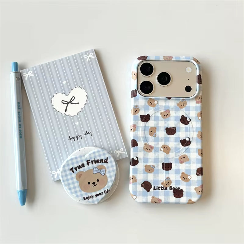 Cute Blue Plaid Little Bear Phone Case for Iphone 17 16 15 14 Pro Max Magnetic Heart Bear Pop Socket Aesthetic Protective Cover
