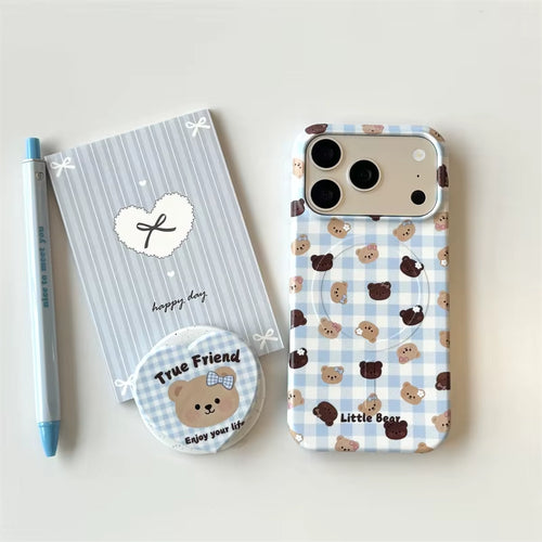 Cute Blue Plaid Little Bear Phone Case for Iphone 17 16 15 14 Pro Max Magnetic Heart Bear Pop Socket Aesthetic Protective Cover