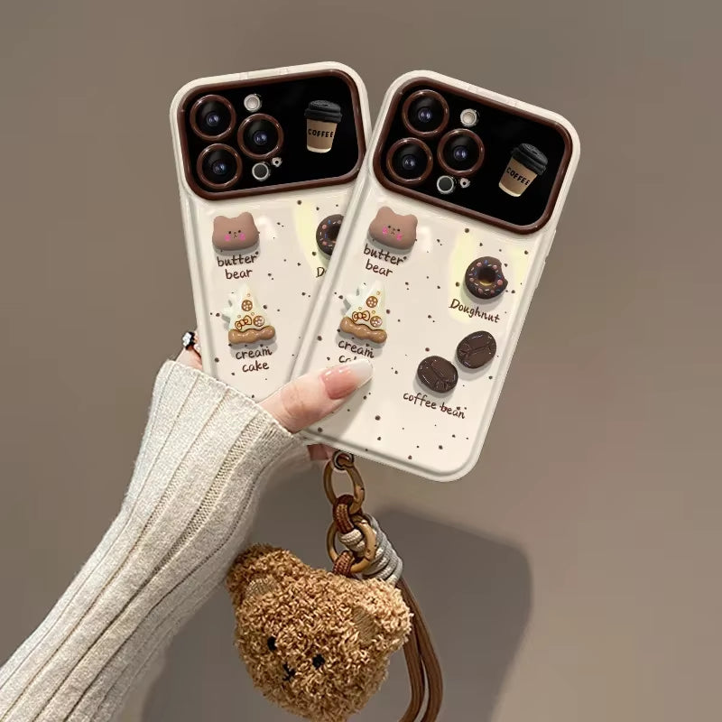 For Iphone 17Promax Phone Case Coffee Doll Plush Lanyard Hand Case for Iphone 16 12 14 13 15Pro Large Window Silicone Phone Case
