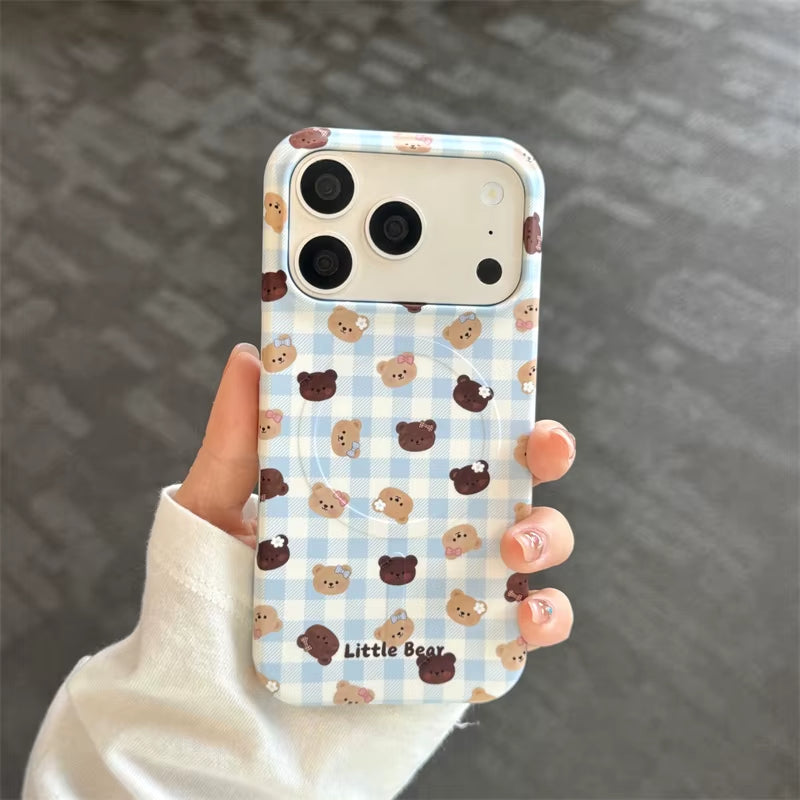 Cute Blue Plaid Little Bear Phone Case for Iphone 17 16 15 14 Pro Max Magnetic Heart Bear Pop Socket Aesthetic Protective Cover