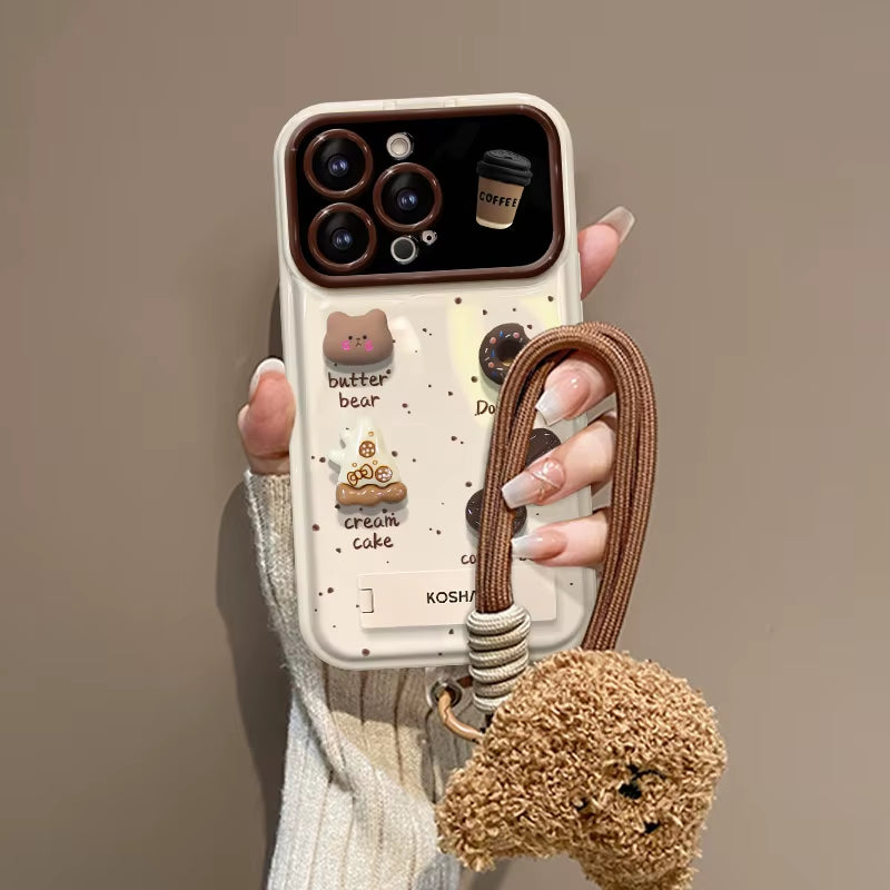 For Iphone 17Promax Phone Case Coffee Doll Plush Lanyard Hand Case for Iphone 16 12 14 13 15Pro Large Window Silicone Phone Case