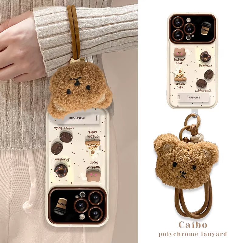 For Iphone 17Promax Phone Case Coffee Doll Plush Lanyard Hand Case for Iphone 16 12 14 13 15Pro Large Window Silicone Phone Case