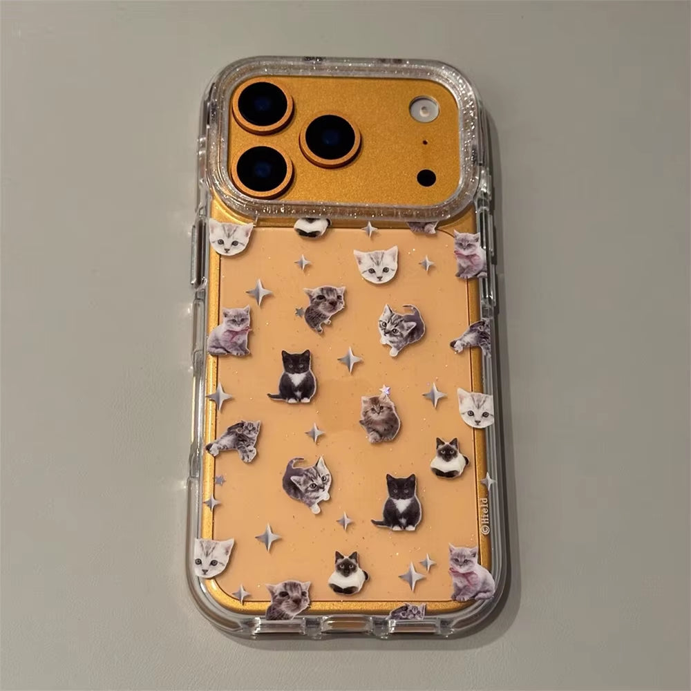 Cute Puppy Cartoon Kitten Glitter Shiny Stars Transparent Cover for Iphone 16 17Pro 13 14 15 17Promax Protector Shockproof Case