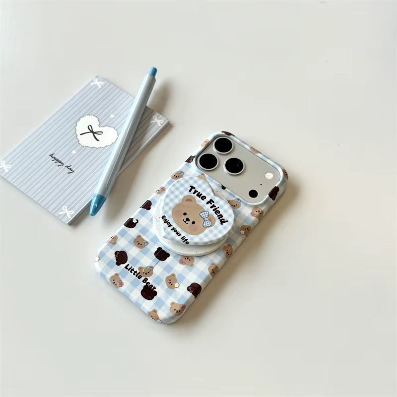 Cute Blue Plaid Little Bear Phone Case for Iphone 17 16 15 14 Pro Max Magnetic Heart Bear Pop Socket Aesthetic Protective Cover