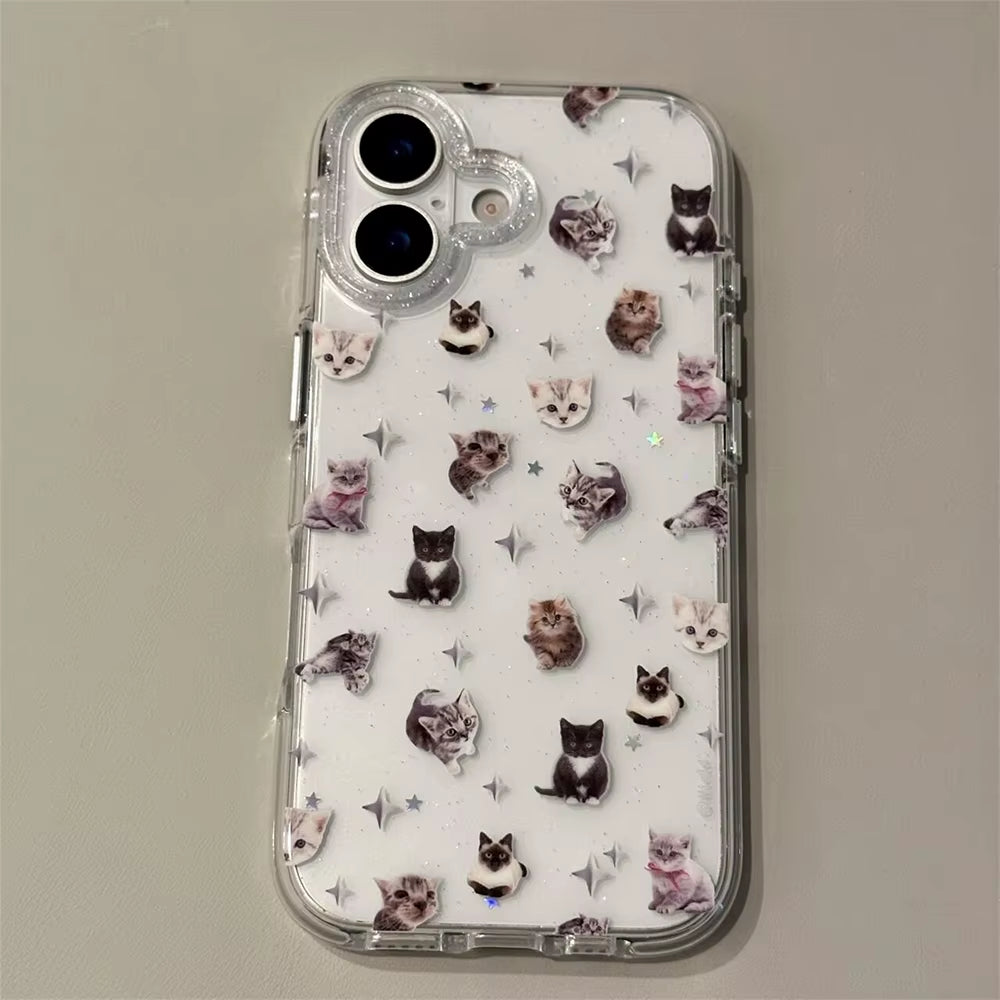 Cute Puppy Cartoon Kitten Glitter Shiny Stars Transparent Cover for Iphone 16 17Pro 13 14 15 17Promax Protector Shockproof Case