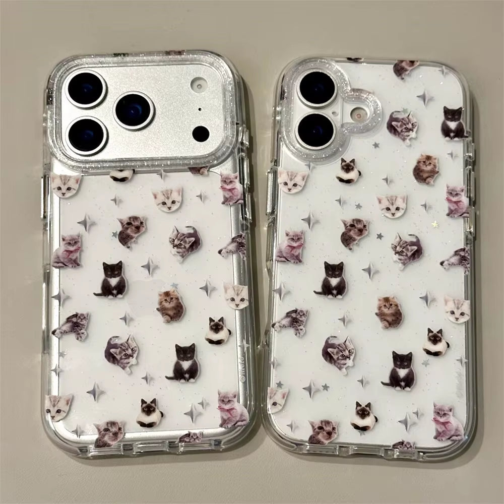 Cute Puppy Cartoon Kitten Glitter Shiny Stars Transparent Cover for Iphone 16 17Pro 13 14 15 17Promax Protector Shockproof Case